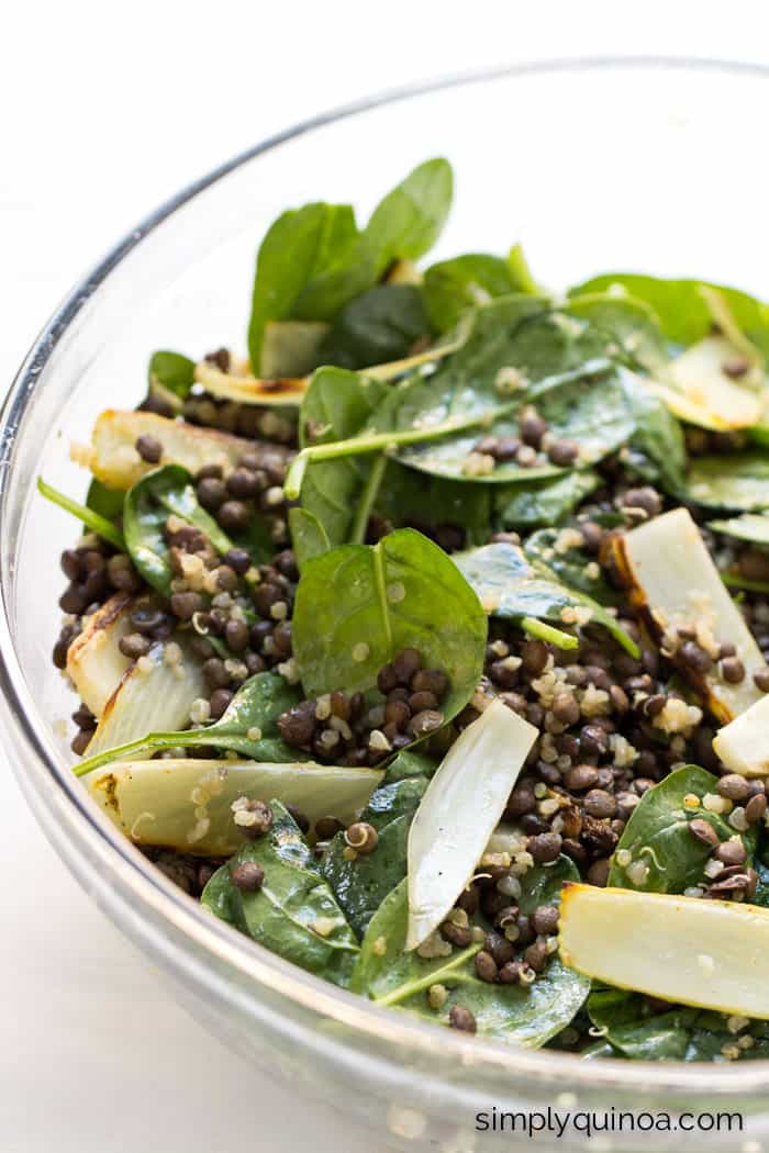 Warm Lentil Salad with spinach, quinoa, roasted fennel + toasted pine nuts - this is seriously the most addicting salad ever!