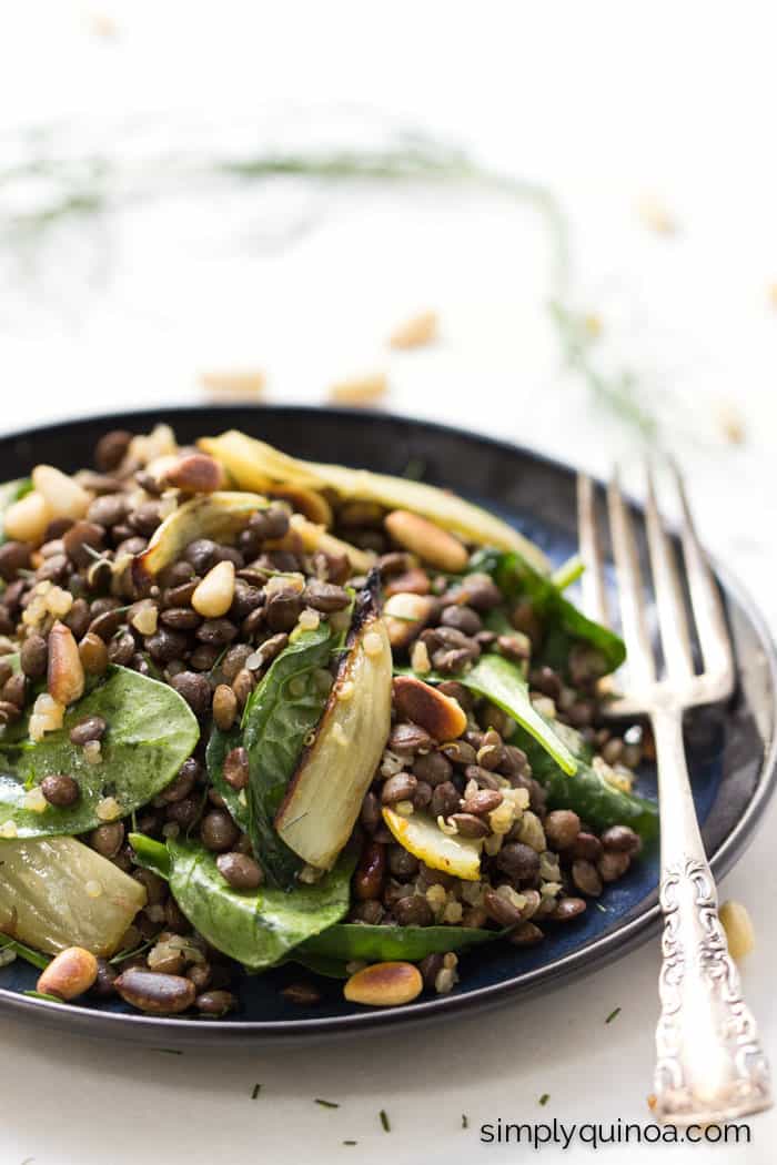 Warm Lentil Salad with spinach, quinoa, roasted fennel + toasted pine nuts - this is seriously the most addicting salad ever!