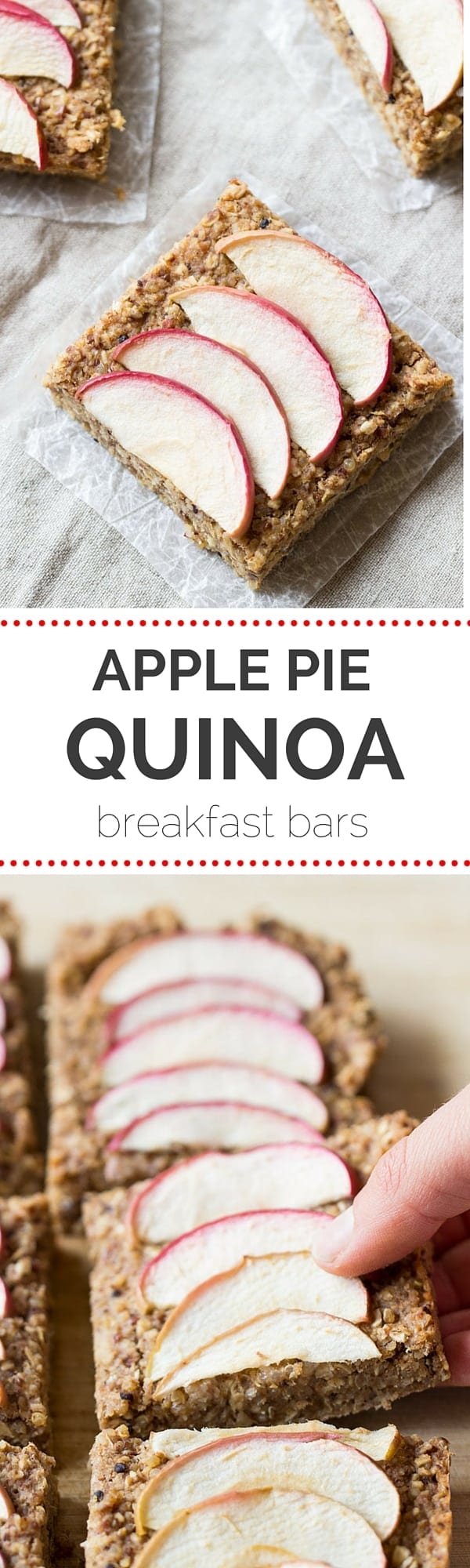 Apple Pie Quinoa Breakfast Bars -- they taste like decadent apple pie, but are actually a healthy breakfast treat. Plus they're gluten-free + vegan!
