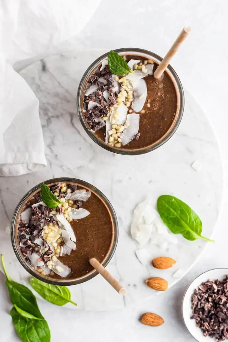 overhead view of healthy almond joy smoothie 