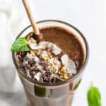 Chocolate Banana Smoothie topped with cacao nibs and coconut