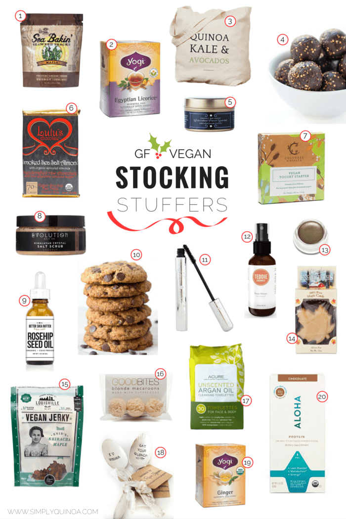 The ULTIMATE stocking stuffer guide filled with your favorite gluten-free and vegan products. From snacks, sweets, toxic-free facial products and fun kitchen tools!