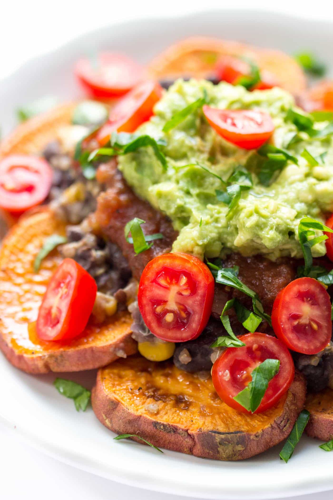 How to make the BEST DAMN vegan nachos on the planet!! Use sweet potatoes instead of corn chips, skip the meat and add black beans + quinoa, then top it all off with salsa, guac and cilantro. PERFECTION!