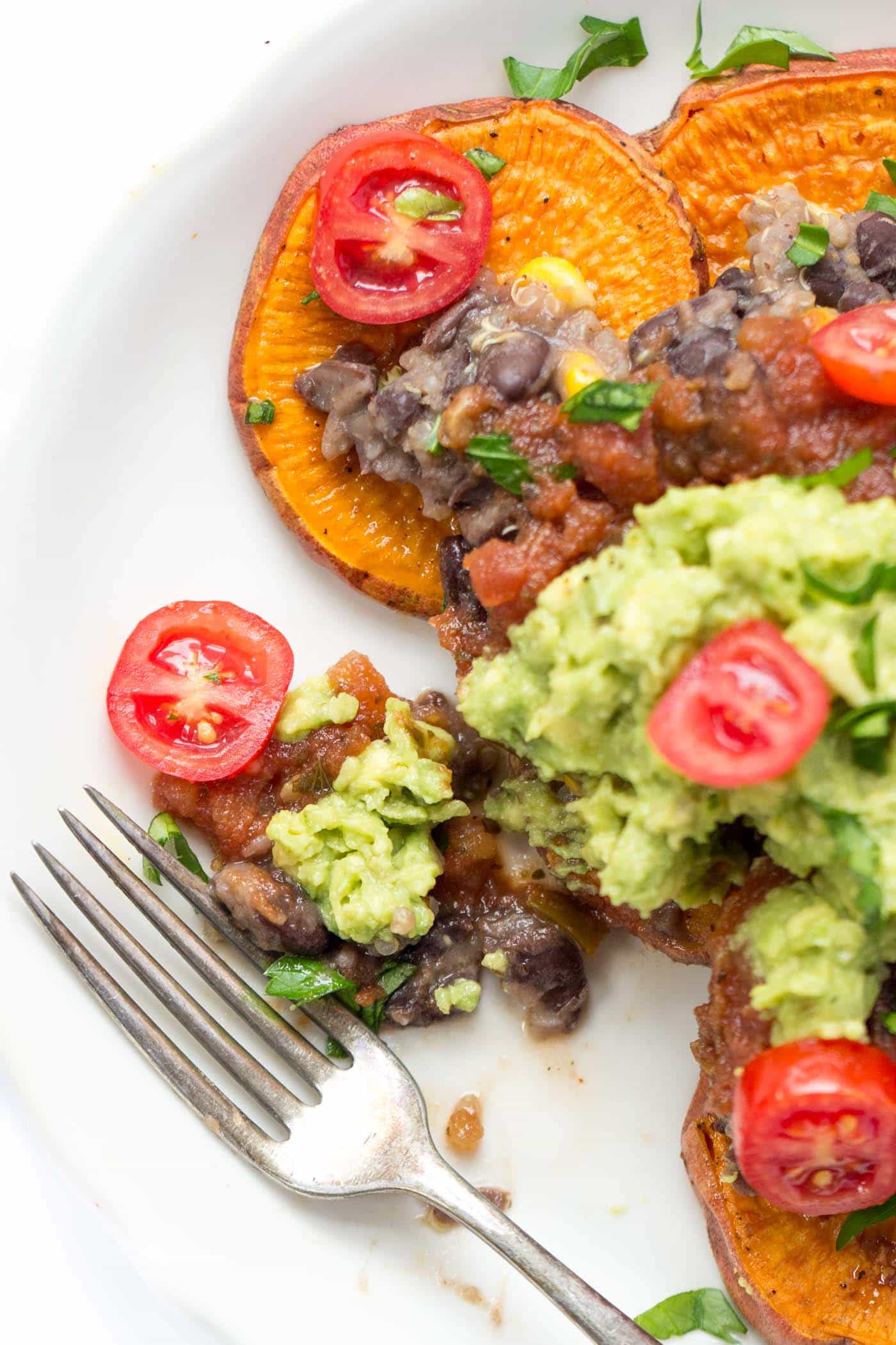 The BEST DAMN vegan nachos ever! Made with sweet potatoes, quinoa, black beans and topped with salsa + guac!