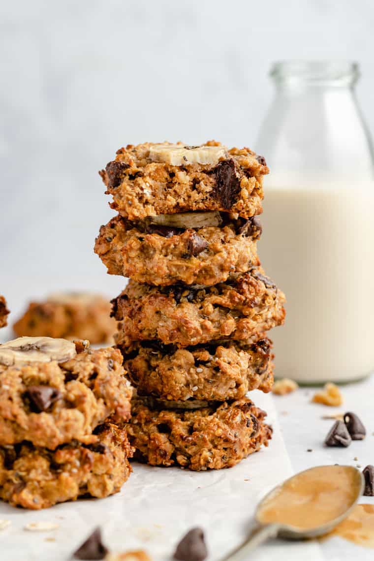 stack of vegan breakfast cookies in chunky monkey flavor