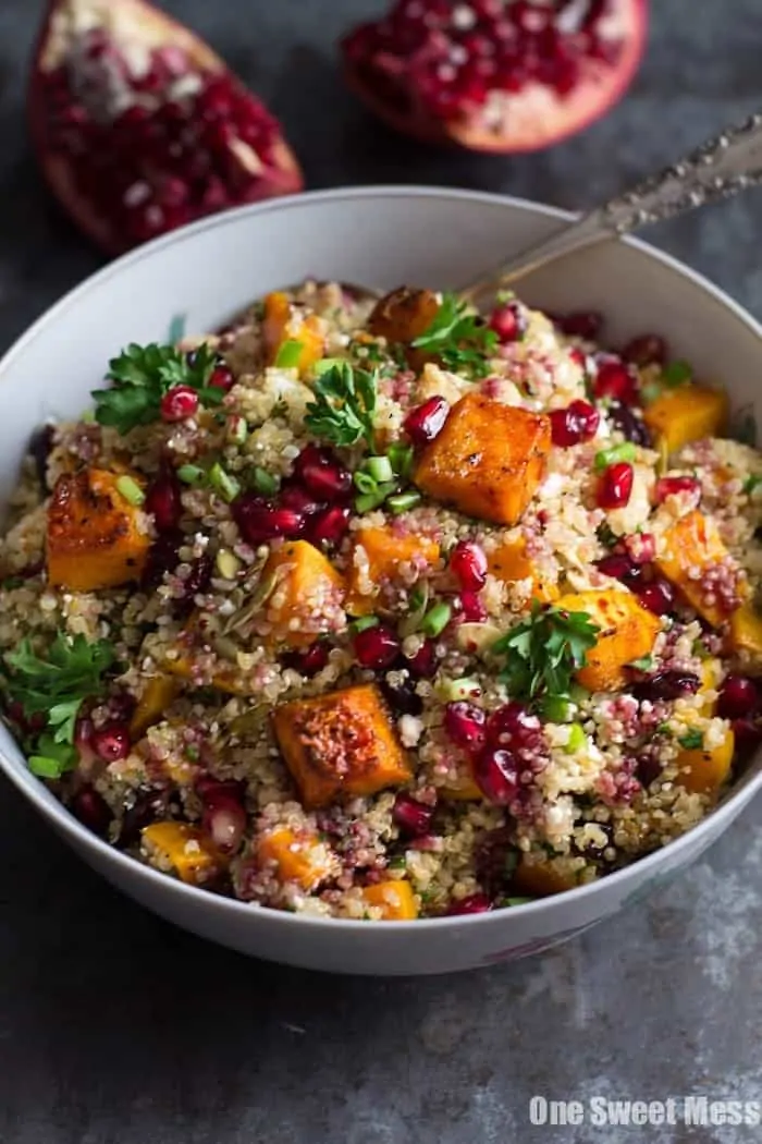 roasted butternut squash and quinoa salad with kale and pomegranates