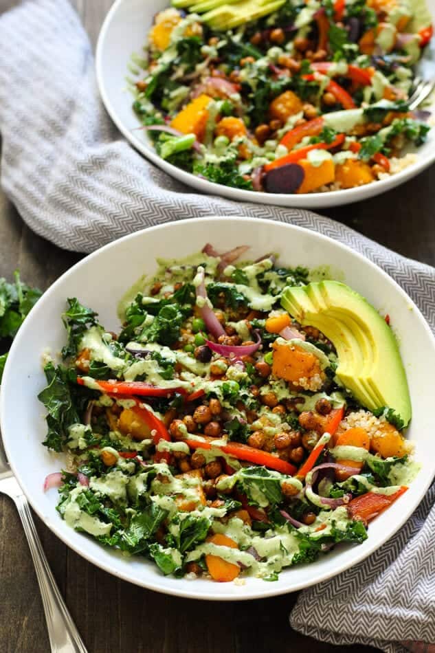 warm kale quinoa salad with tahini and chickpeas