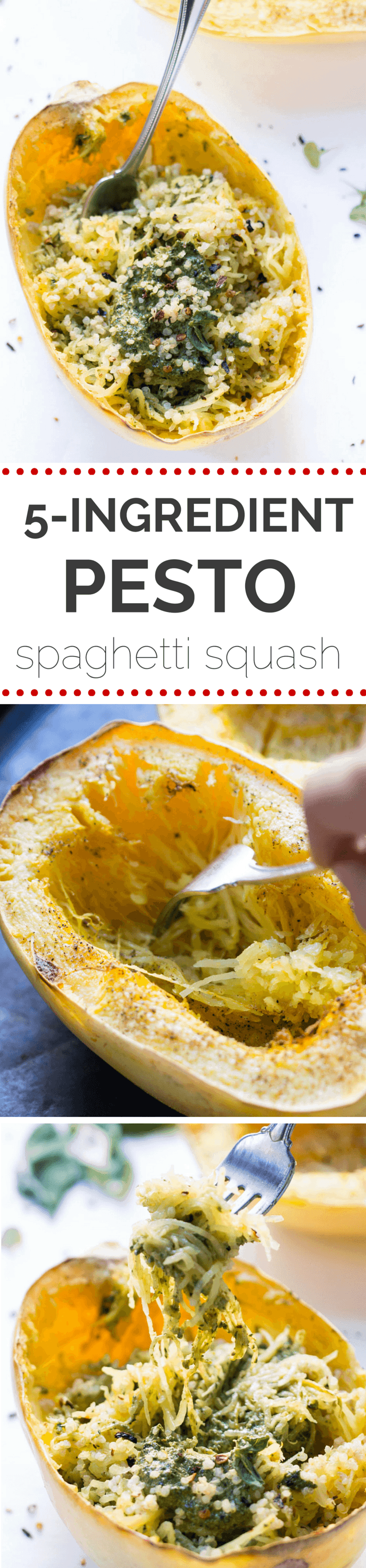 The ULTIMATE spaghetti squash recipe -- topped with homemade pesto, a little quinoa and some chili flakes. Simple, easy and so delicious!