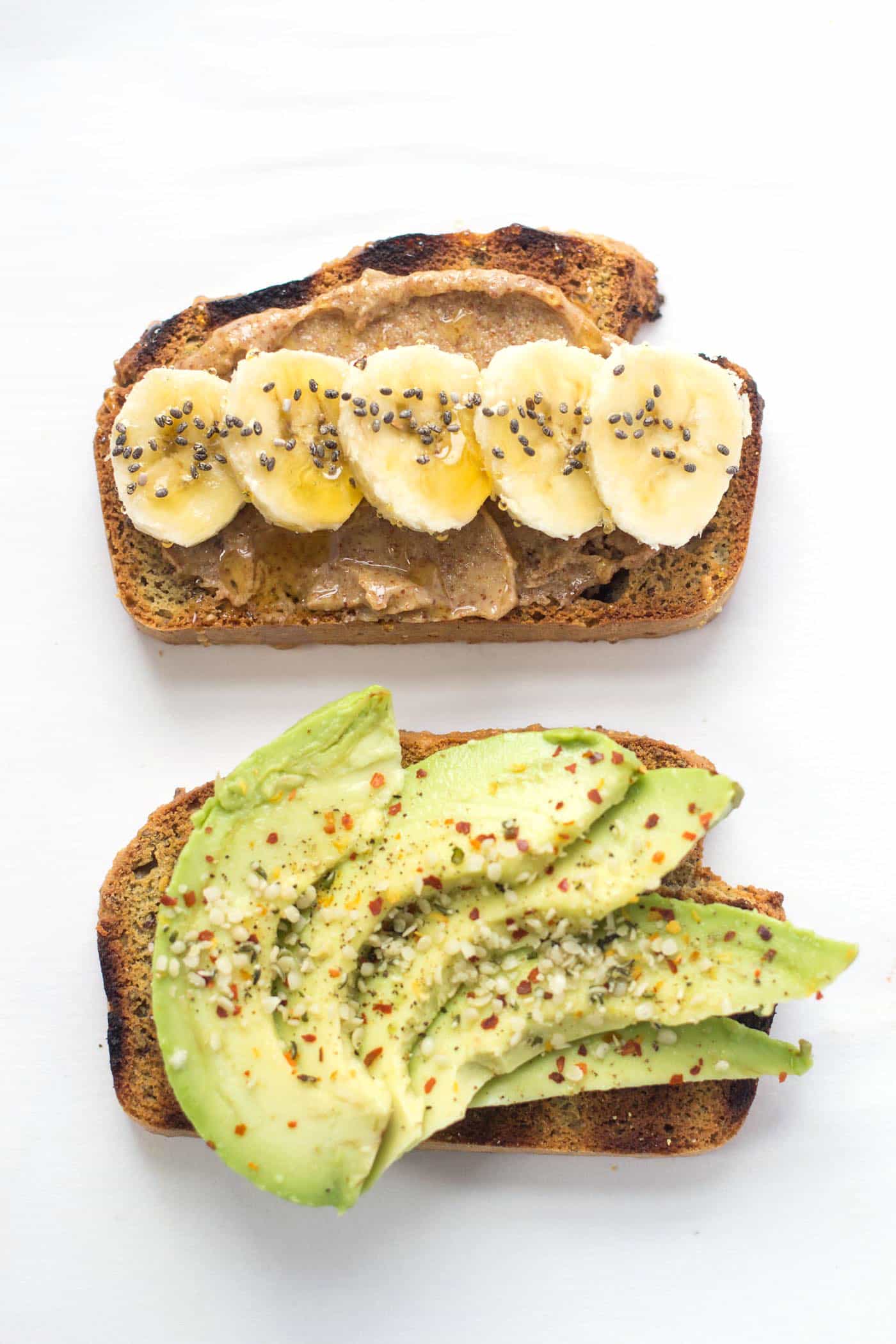 QUINOA ALMOND FLOUR BREAD makes the best breakfast toasts -- top: peanut butter + banana, bottom: sliced avocado and pepper flakes