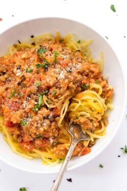 Overhead view of a bowl of spaghetti squash bolognese with spaghetti squash swirled around a fork.