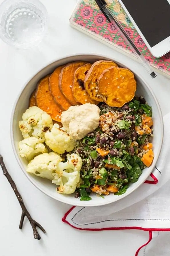 black bean quinoa salad with sweet potatoes and cauliflower