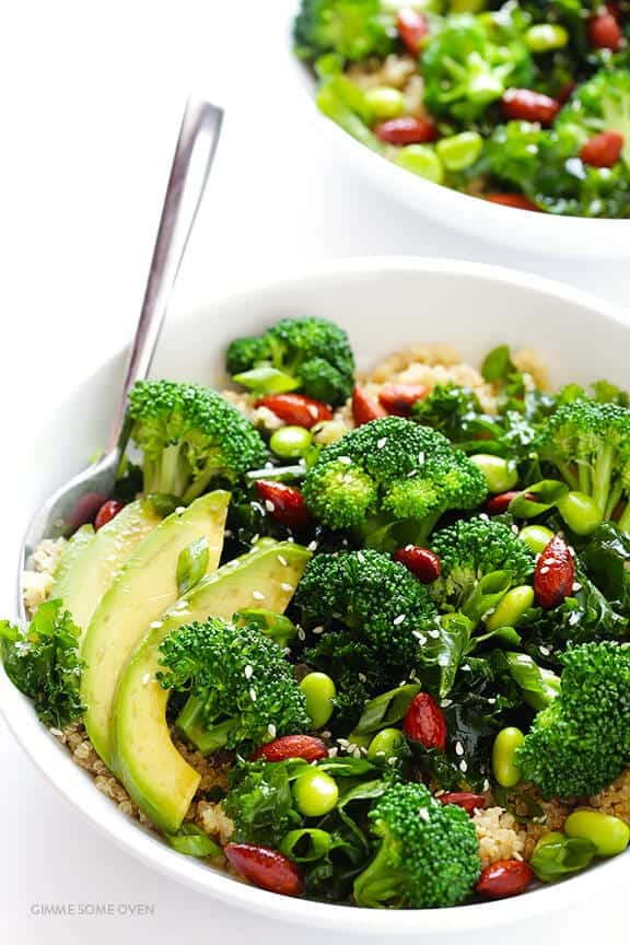 easy asian superfood quinoa bowl recipe with broccoli and avocado