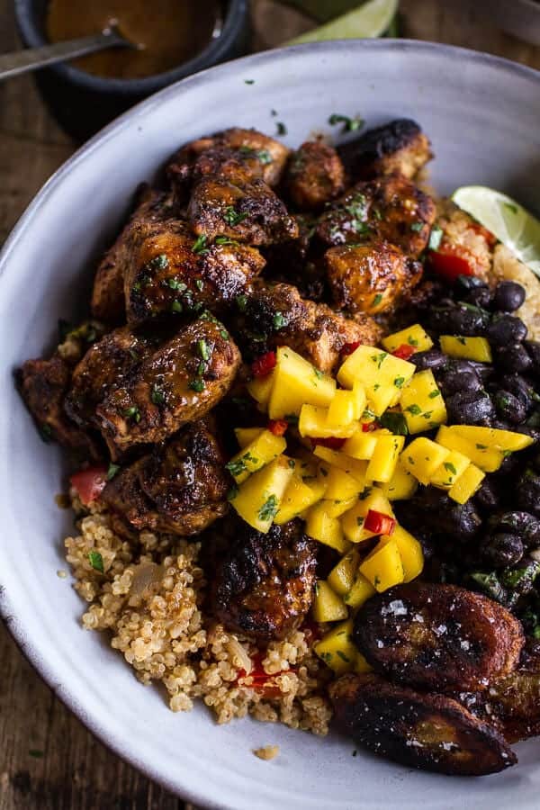 cuban chicken quinoa bowls with black beans and mango