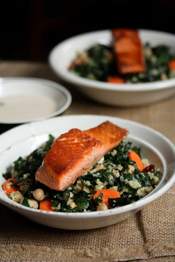 healthy kale and salmon quinoa bowls