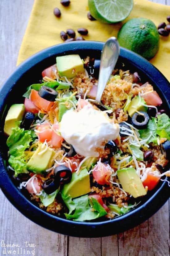 healthy quinoa taco bowl with black beans and avocado