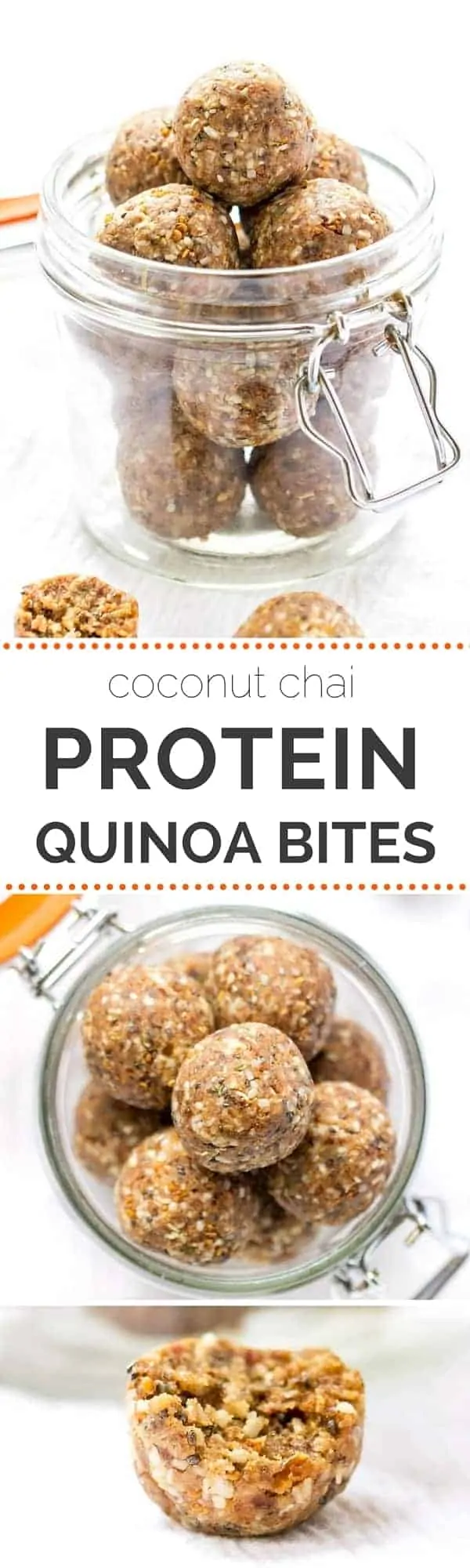HIGH PROTEIN! Quinoa Energy Bites -- high protein in a delicious coconut-chai flavor. Great snack or post-workout! (naturally gluten-free + vegan)