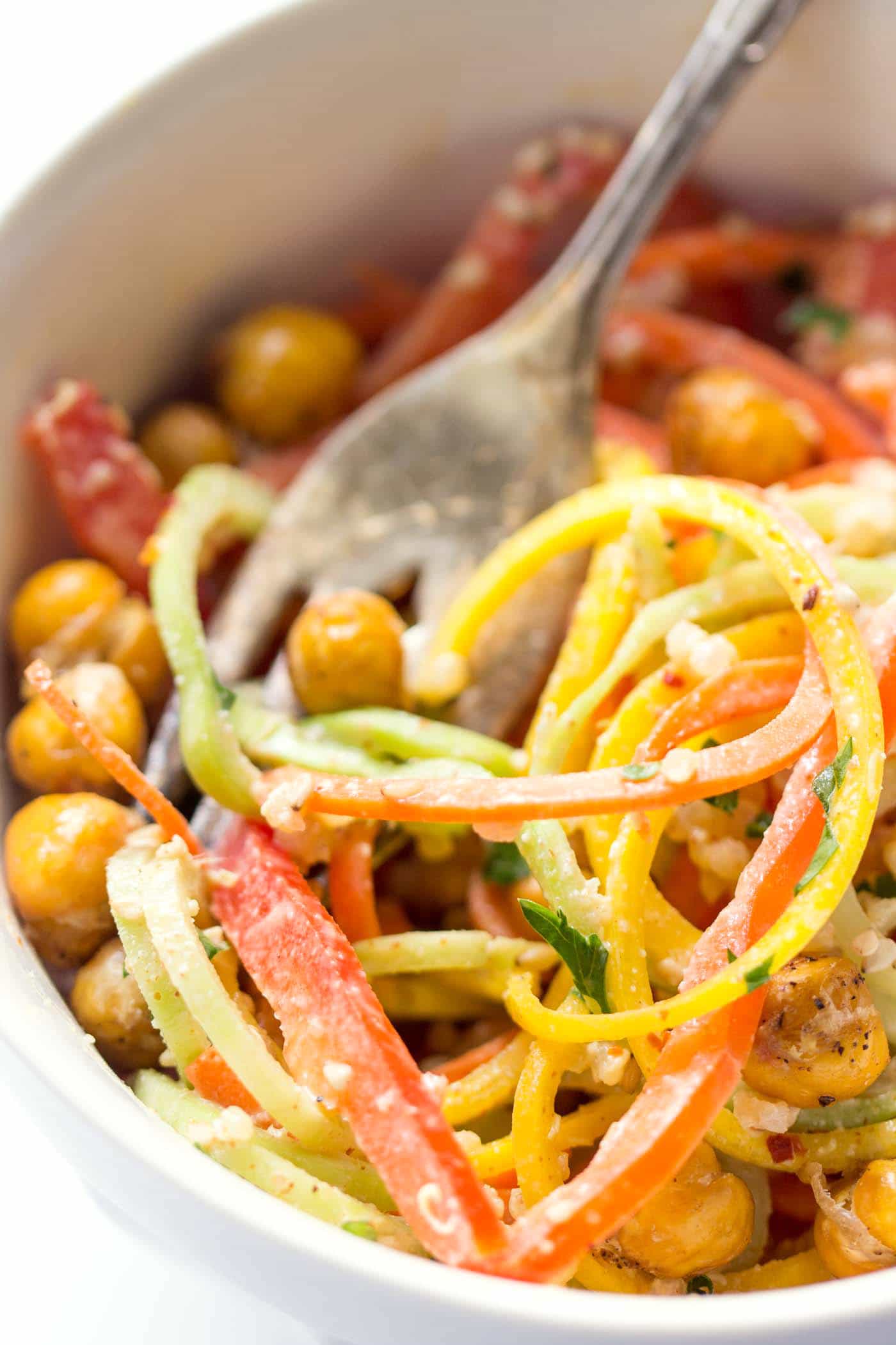 This HEALTHY and DELICIOUS quinoa power salad has spiralized veggies, crispy chickpeas and an almond butter dressing...doesn't get much better than that!