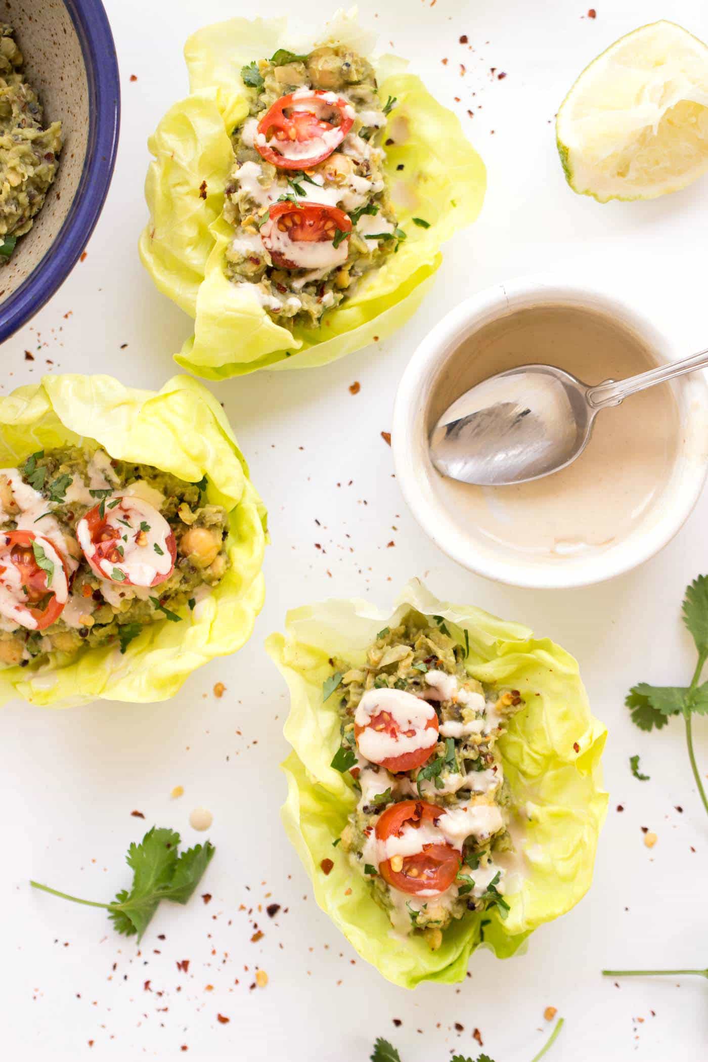 SMASHED CHICKPEA + QUINOA LETTUCE WRAPS -- swap out the mayo for healthy avocado, add in some cilantro and lime juice and you've got the PERFECT healthy lunch! 