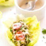 These make for a PERFECT lunch! Smashed Chickpea + Quinoa Lettuce Wraps that use avocado to replace the mayo!