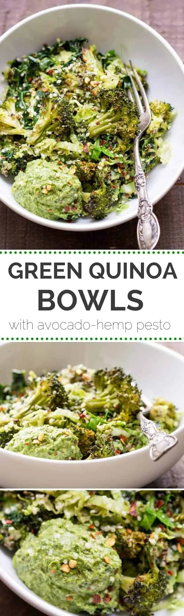 SUPER GREEN QUINOA BOWLS -- with kale, brussels sprouts, broccoli and a vegan avocado-hemp pesto