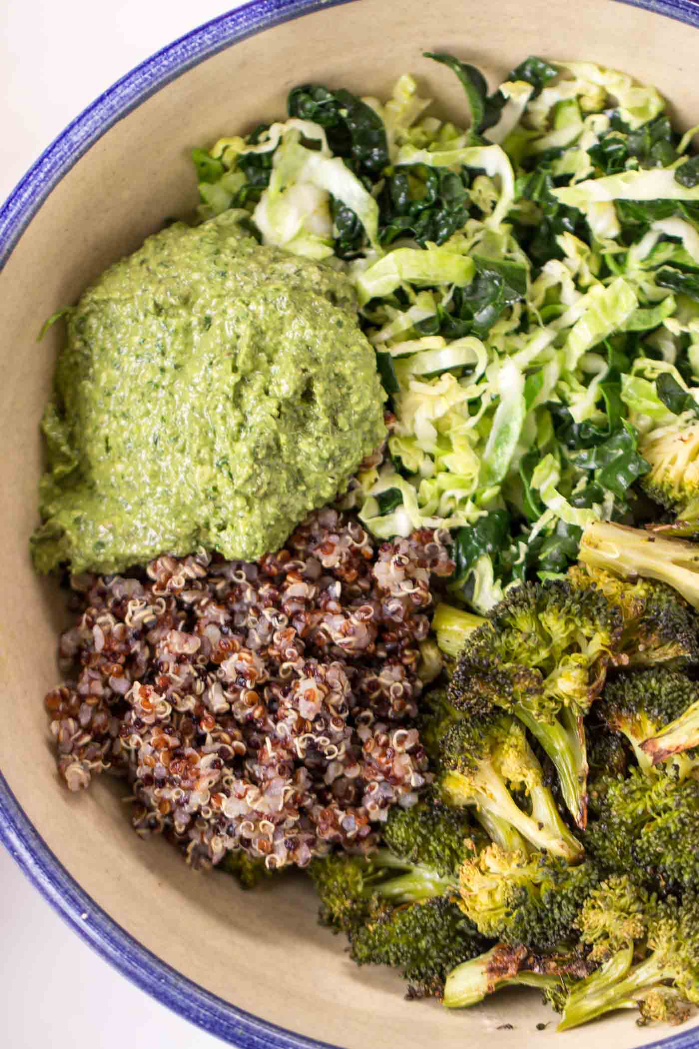 Hempseed Pesto Quinoa Bowls with all kinds of green veggies - kale, broccoli, brussels sprouts and more! {vegan}