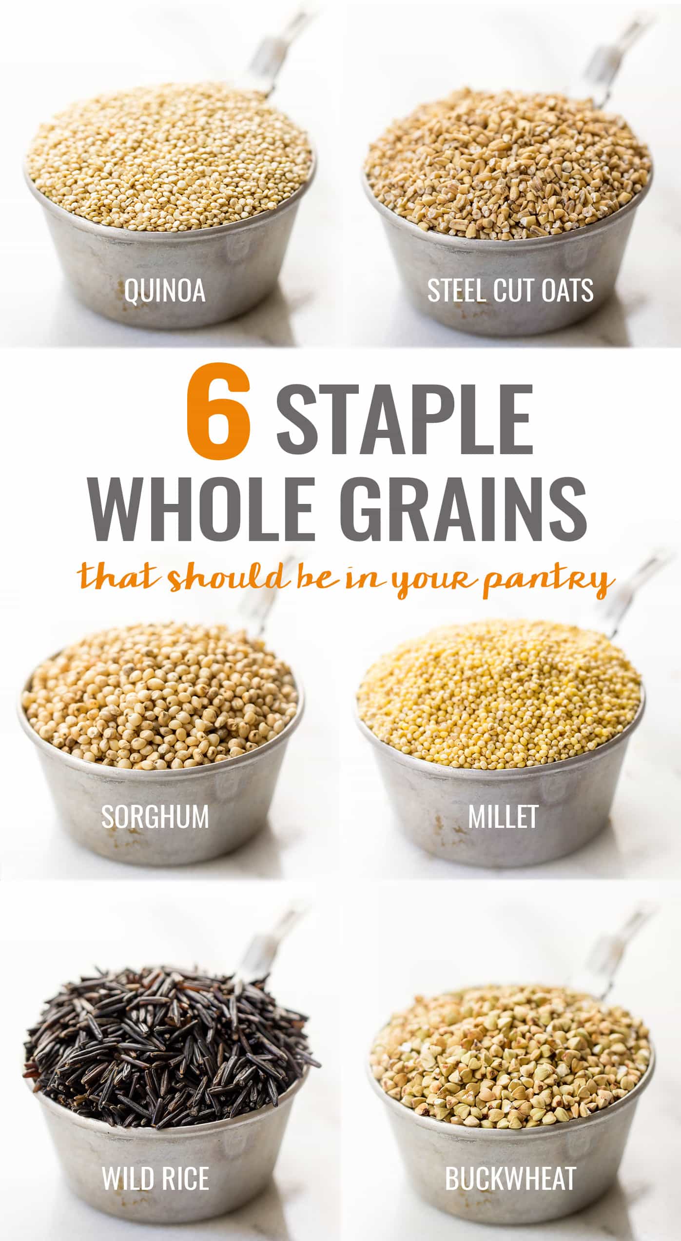 6 Staple Whole Grains that Should Be In Your Pantry...all high protein, high fiber and naturally gluten-free!