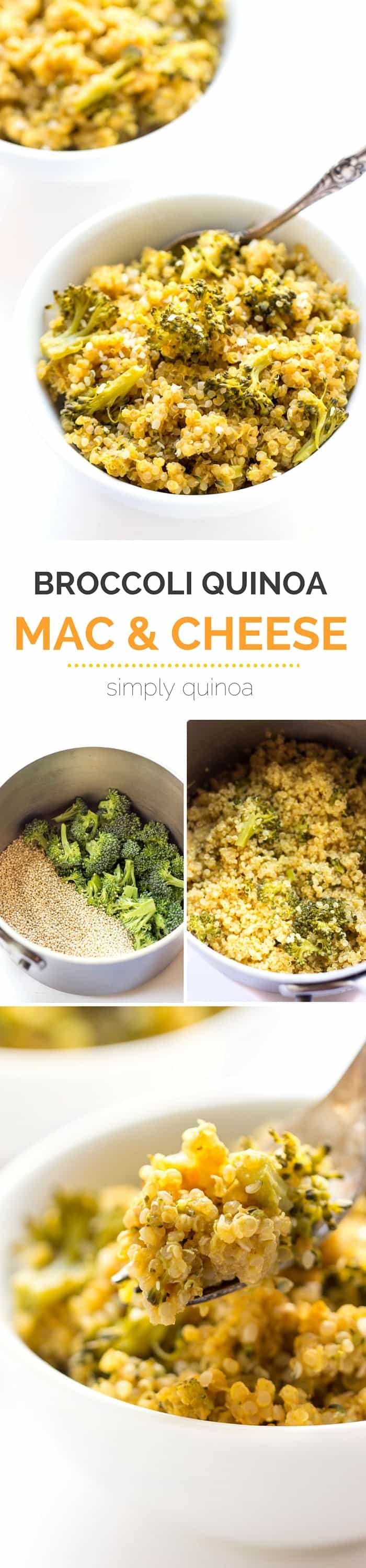 QUINOA MAC AND CHEESE with broccoli -- the perfect meal when you think you have no time to cook. Takes just one pot, takes less than 20 minutes AND it only uses 5 ingredients! [gluten-free + vegan]