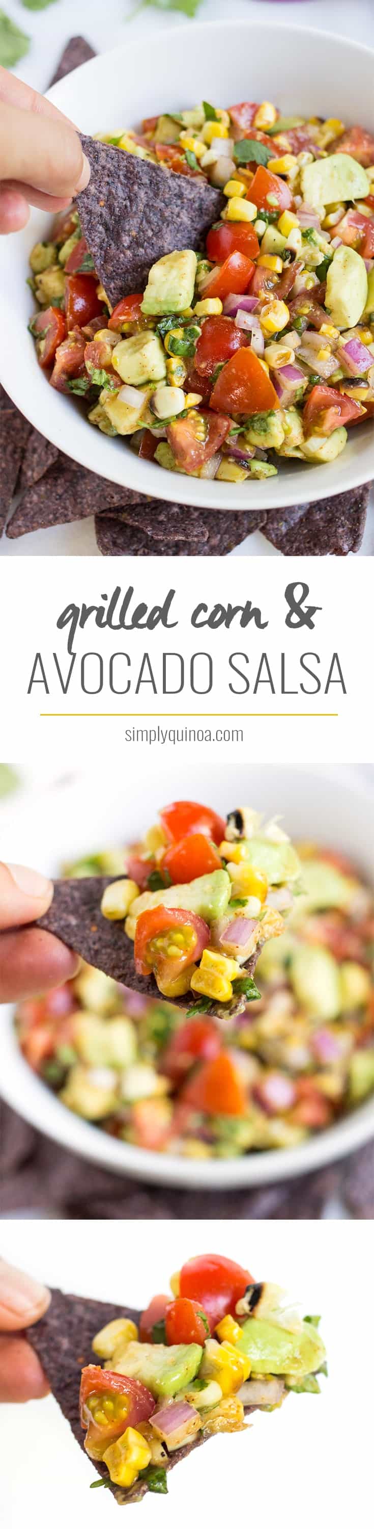 GRILLED CORN + AVOCADO SALSA -- the perfect dip that combines char grilled corn with buttery avocados. Use this as a dip, on top of tacos or served over eggs!