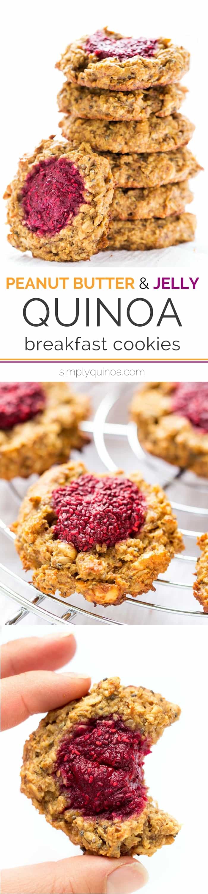 These QUINOA breakfast cookies are absolute perfection! A chewy peanut butter cookie base topped with healthy raspberry chia jam. [gluten-free + vegan]