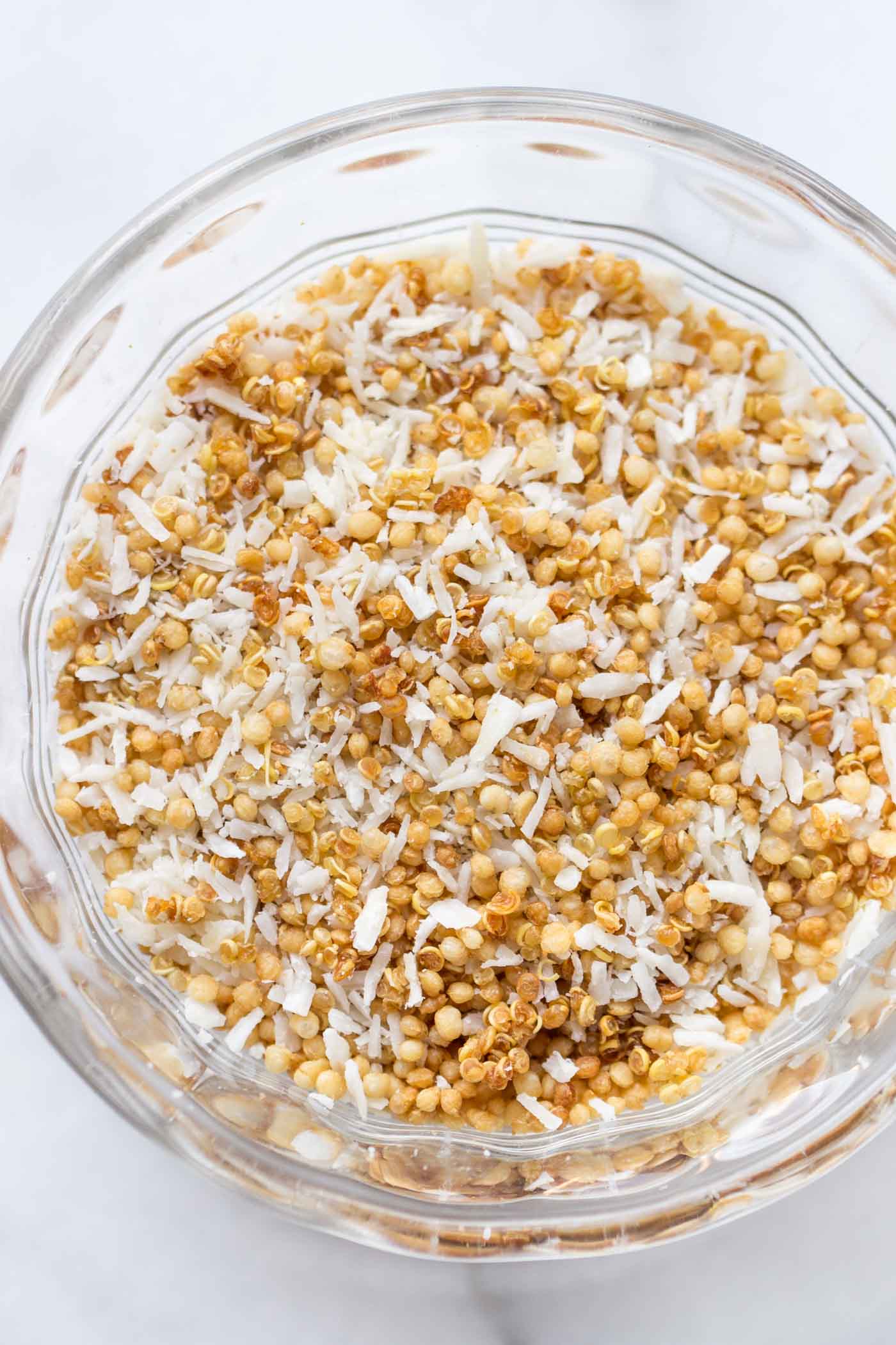 The perfect blend of ingredients to make vegan french toast: shredded coconut + quinoa crispies!