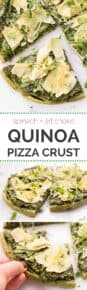 VEGAN QUINOA PIZZA...topped with pesto, spinach + artichokes, then sprinkled with nutritional yeast for a nice cheesy flavor! [gluten-free]