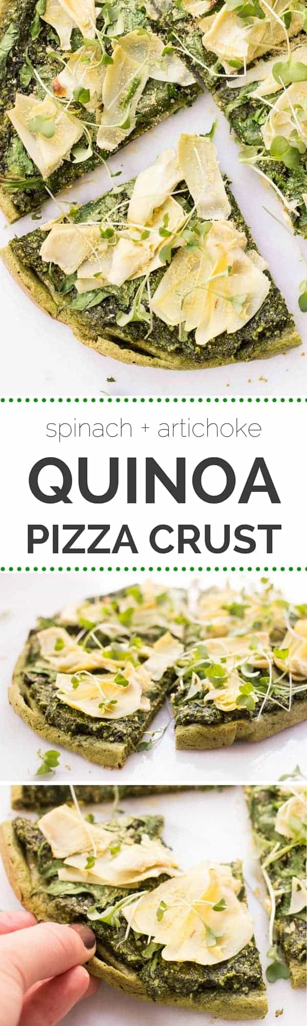 Pizza crust made out of QUINOA! Topped with pesto, spinach, artichokes and nutritional yeast for a nice cheesy flavor {gluten-free + vegan}
