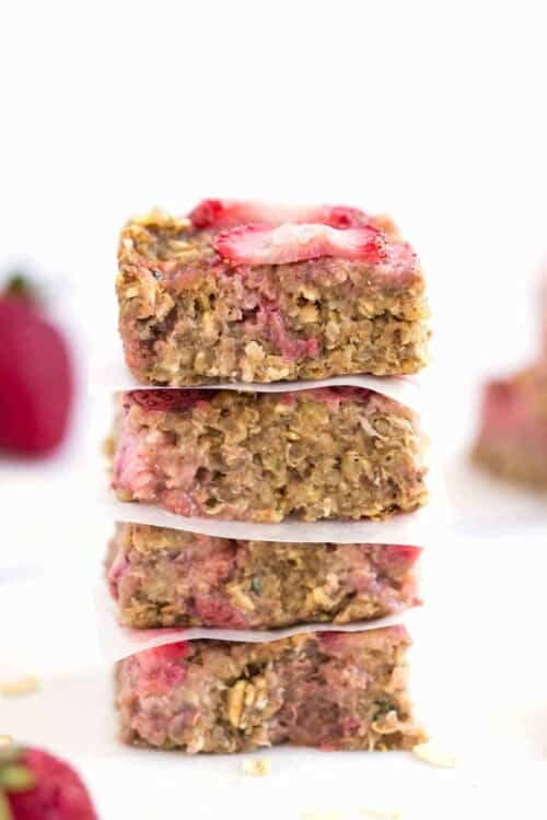 Strawberry Quinoa Breakfast Bars--they're full of sweet, juicy strawberries, have tons of fiber and protein...and they're vegan!