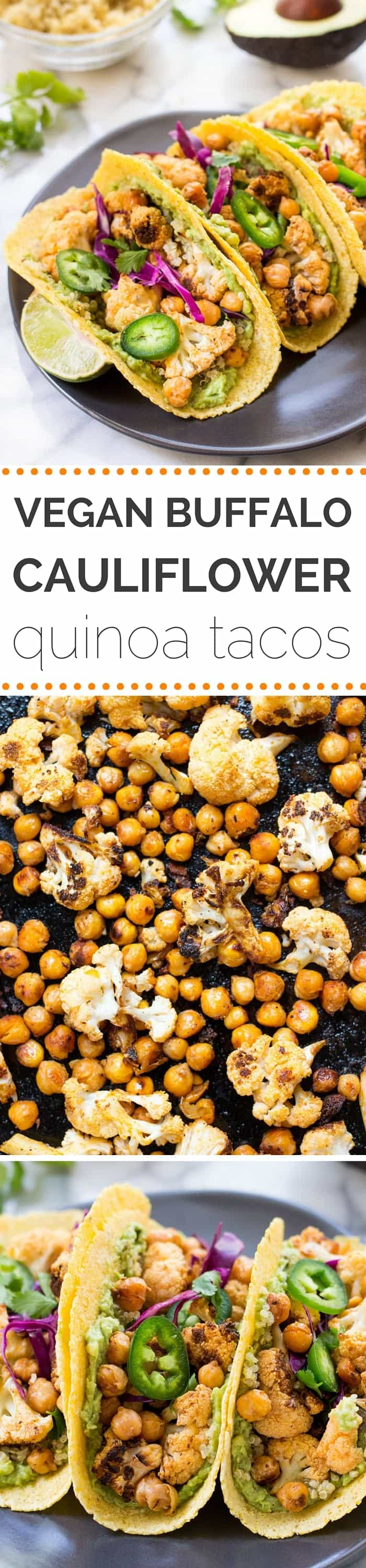 BUFFALO CAULIFLOWER + QUINOA TACOS -- a healthy meatless meal that is packed with nutrition and TONS of flavor!