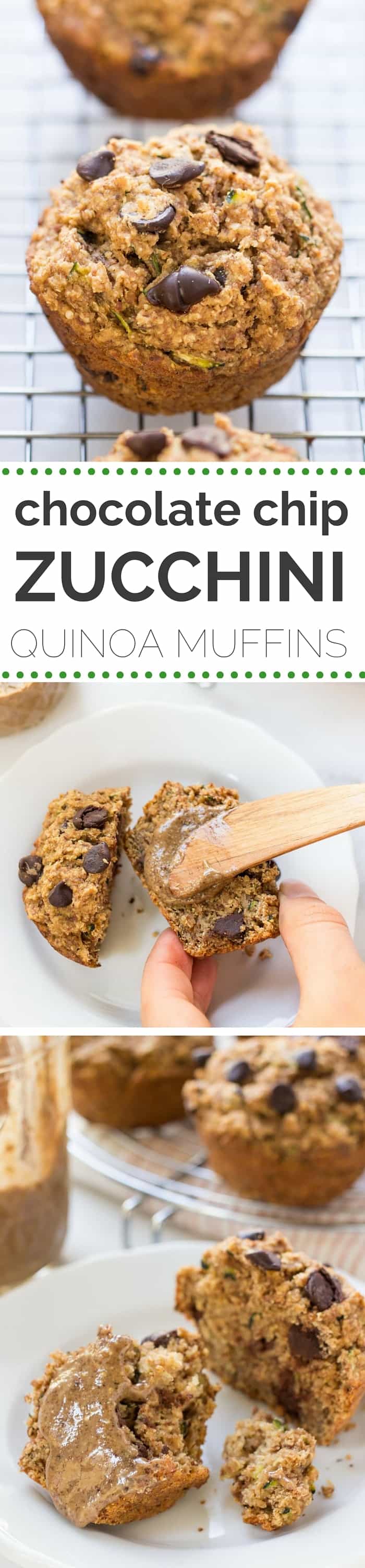 Skinny Chocolate Chip Zucchini Quinoa Muffins -- made without any oils, eggs, dairy, refined sugar OR gluten!