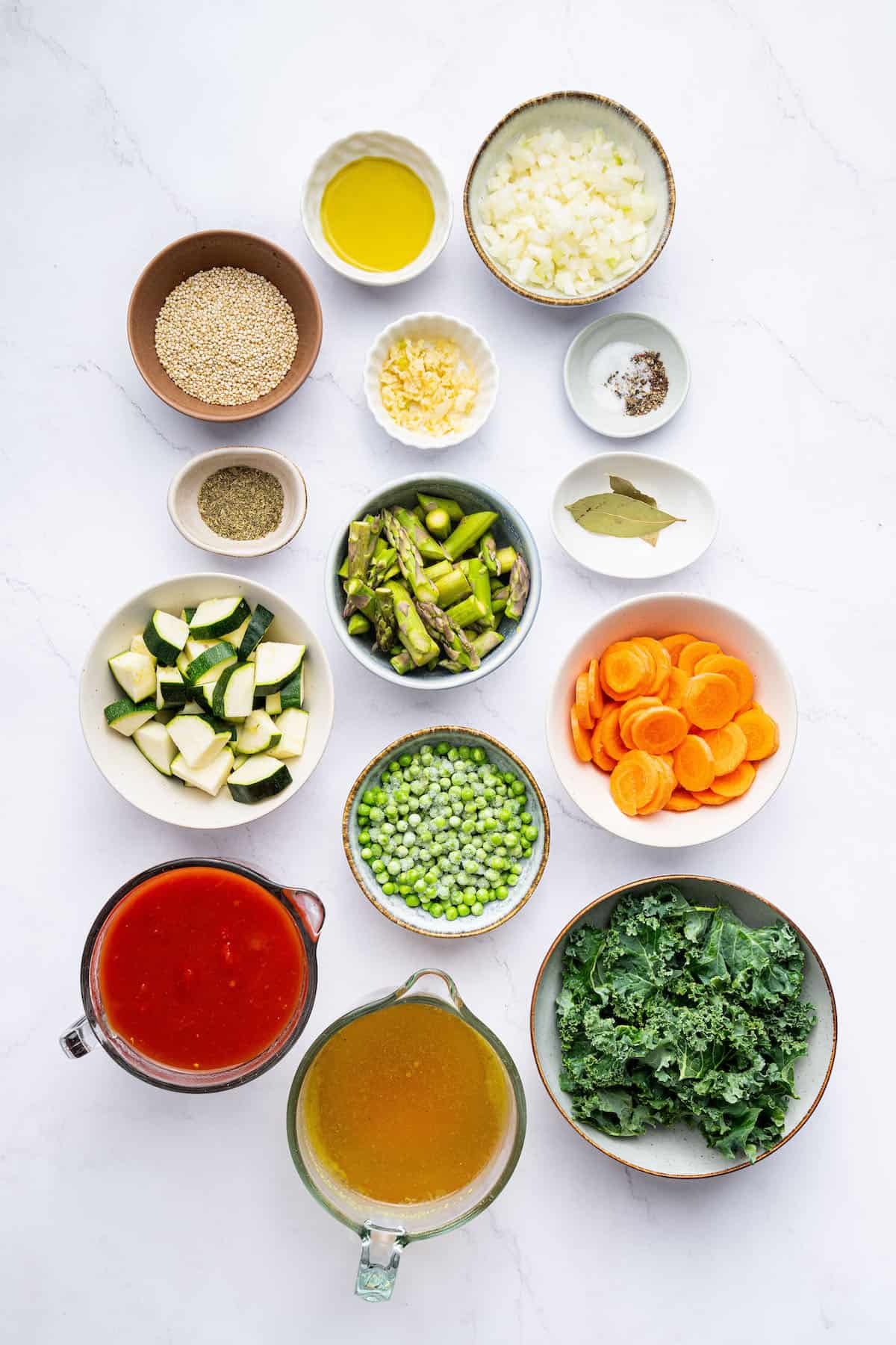 Overhead view of ingredients for vegetarian minestrone soup