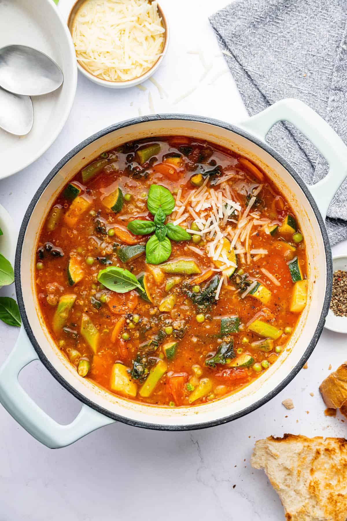 Overhead view of vegetarian minestrone soup in pot