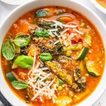 Top down view of vegetarian minestrone soup in bowl