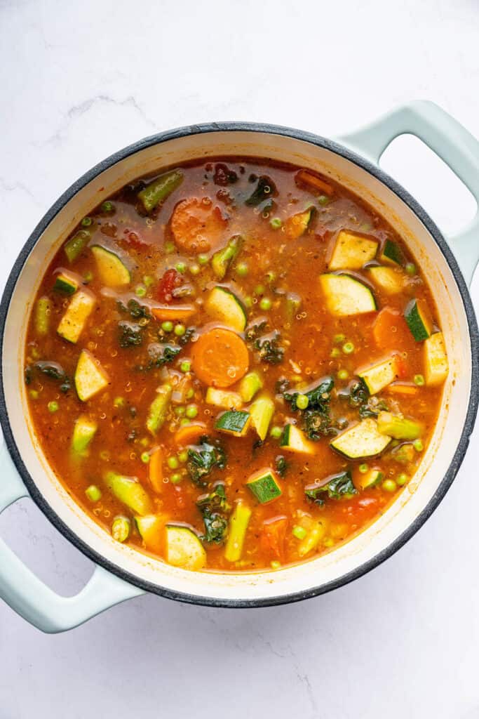 Overhead view of vegetarian minestrone soup in pot