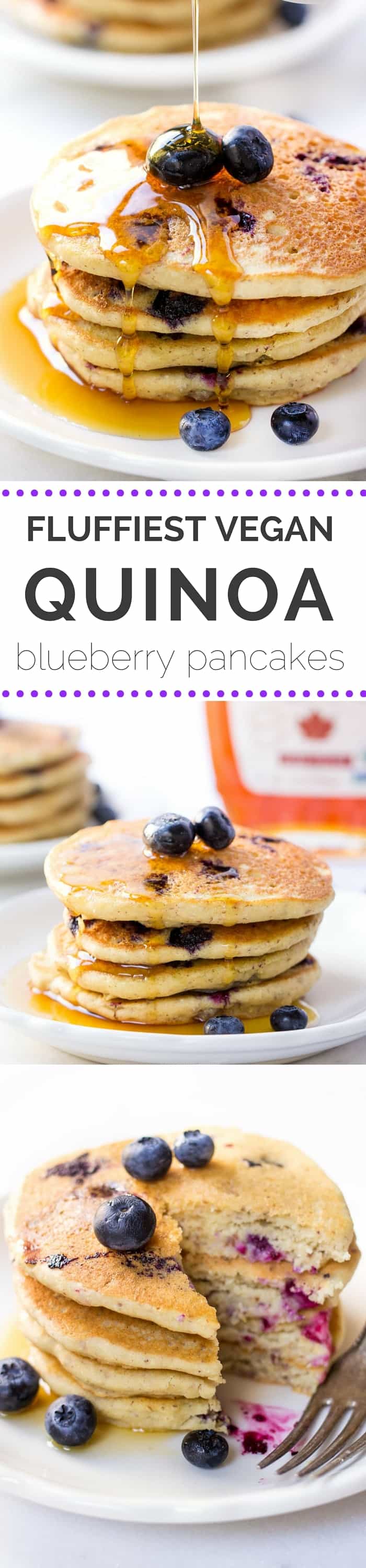 Love these fluffy QUINOA PANCAKES studded with fresh blueberries and drizzled in warm maple syrup. They're the ULTIMATE breakfast treat!