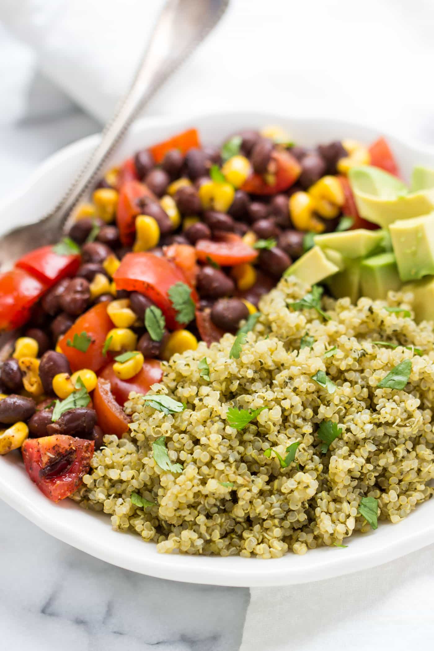 Spicy Green Mexican Quinoa -- light, fluffy and full of flavor! (served with a tasty black bean salad)