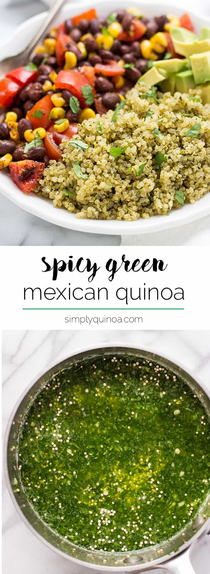 Spicy Green Mexican Quinoa -- cooked with spinach, cilantro, jalapeno, garlic and lime!