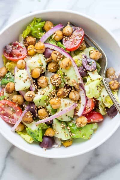 vegan chopped salad with spiced chickpeas