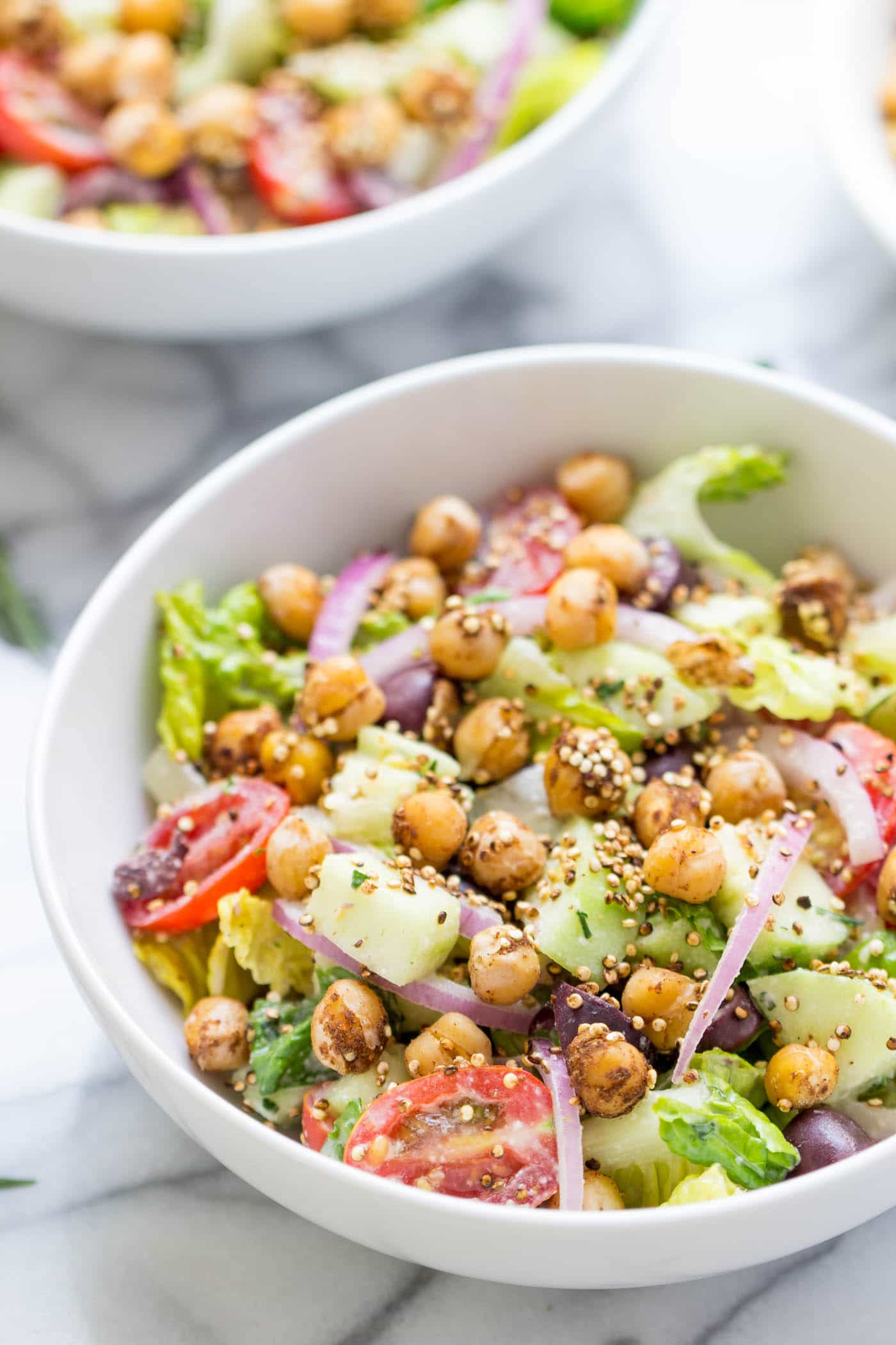 VEGAN CHOPPED SALAD with a tarragon tahini dressing and warm spiced chickpeas!