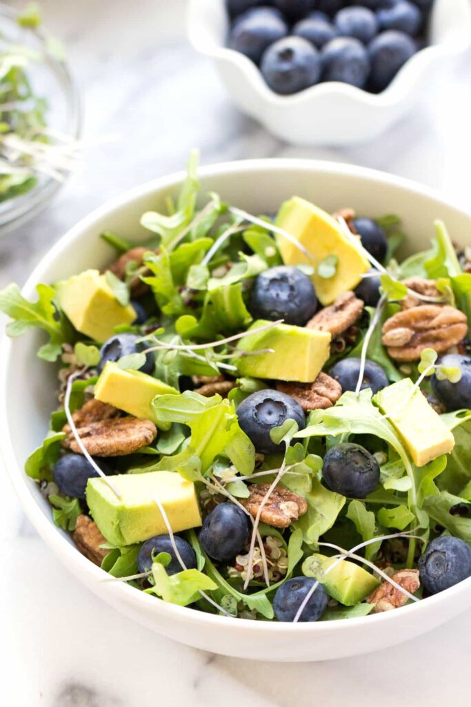 blueberry quinoa power salad with a basil-lime vinaigrette
