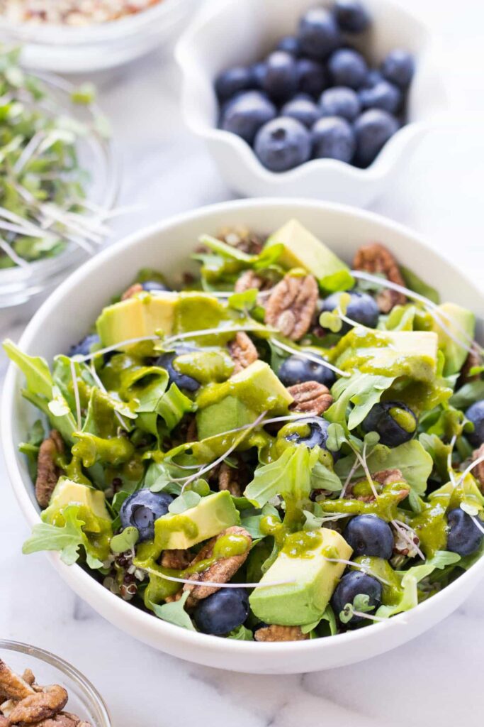 Blueberry Quinoa Power Salad -- with arugula, blueberries, quinoa, pecans, avocado + microgreens!