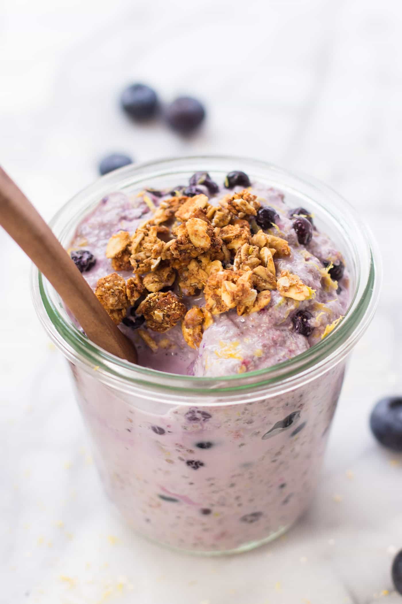 Lemon Blueberry Overnight Quinoa -- made with quinoa flakes instead of oats which are higher in protein and easier to digest!