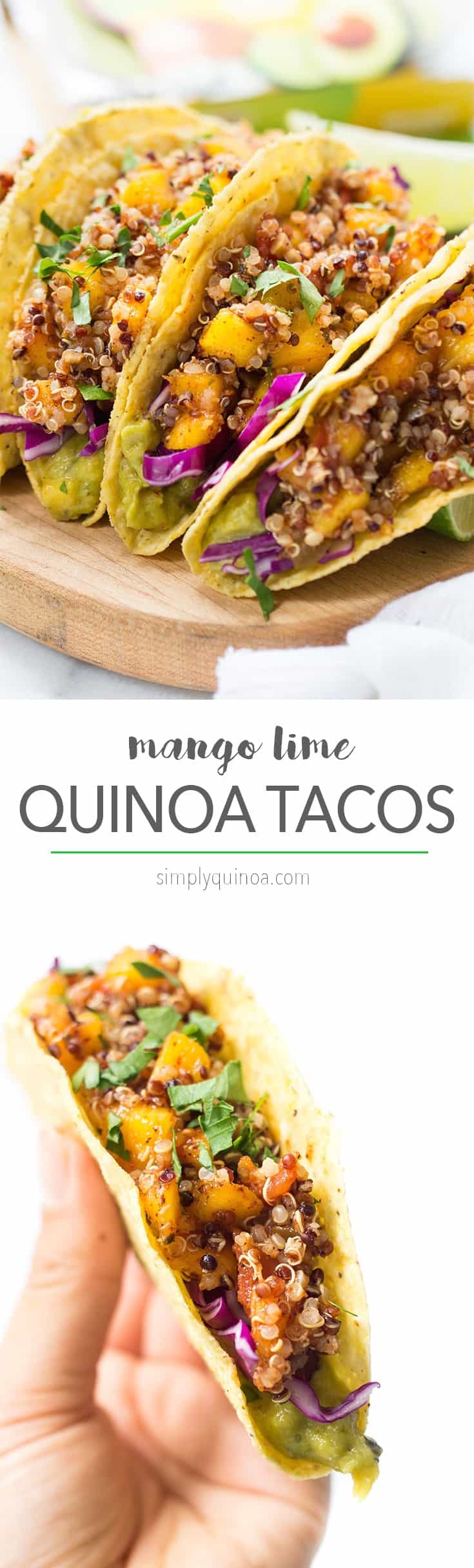10-MINUTE QUINOA TACOS with a spicy mango-lime filling, red cabbage and creamy guacamole dip on the bottom! [vegan + gluten-free]