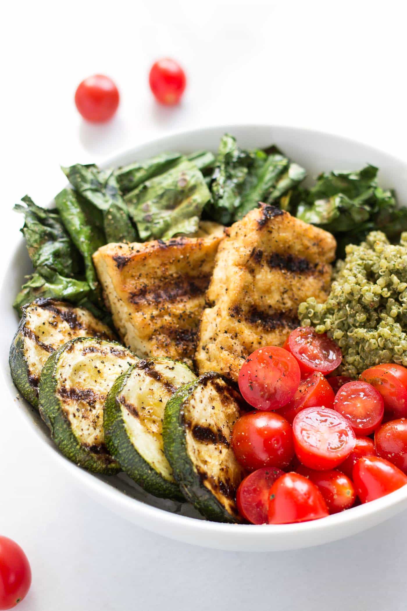 Pesto Quinoa Salad Bowls with grilled tofu and grilled veggies - a