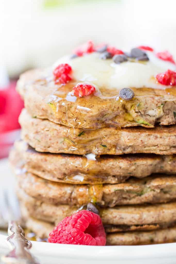 Simple Zucchini Pancakes made with quinoa flour + topped with chocolate chips! [vegan + gluten-free]